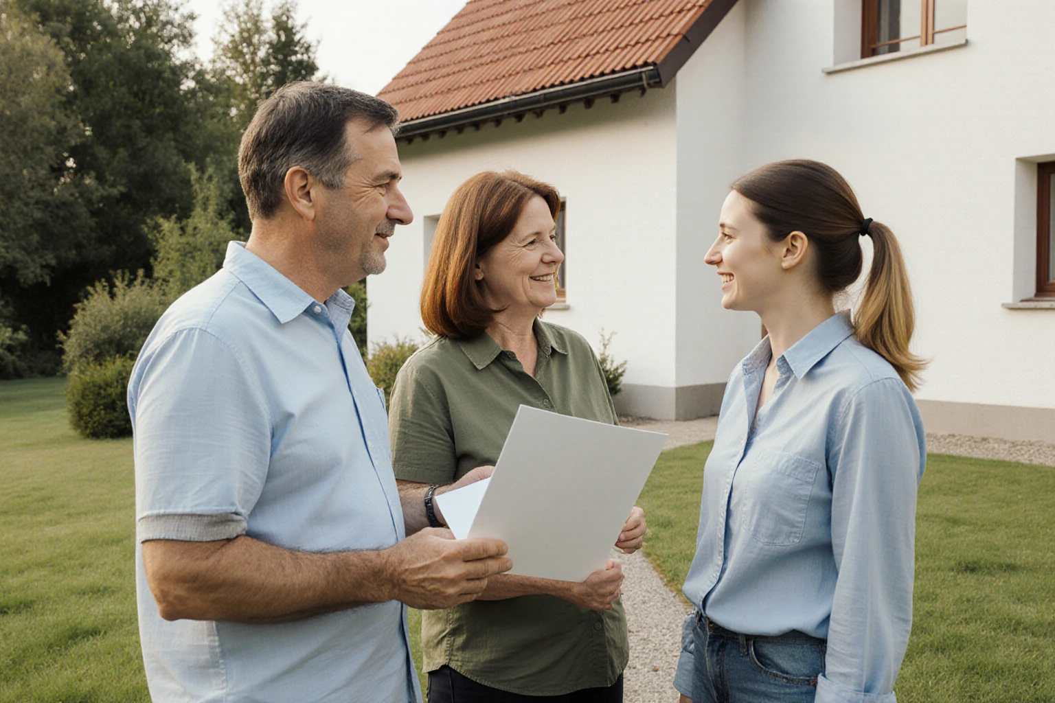 Drei erwachsene Familienmitglieder besprechen Immobilienunterlagen vor einem mitteleuropäischen Wohnhaus
